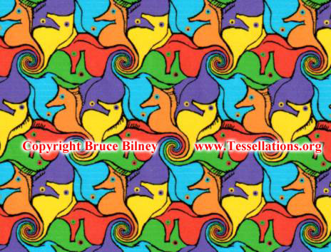 Bruce Bilney's Escher-style tessellation art, seahorse theme
