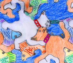 colorful cartoony Escher-style cat and fish tessellation