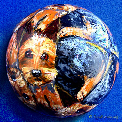 3D dog theme Escher style tessellation painted on a rubber ball