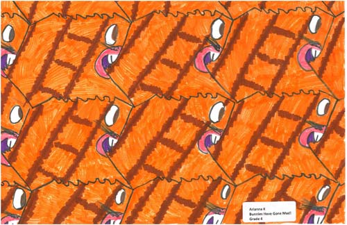Escher style tesselation of bunny rabbits, a first-time tessellation artwork by a 4th grade child
