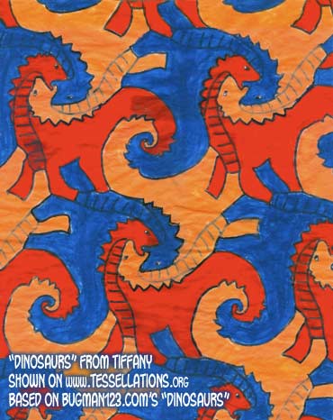 colorful dinosaurs tessellate in this copy of a tessellation by bugman123